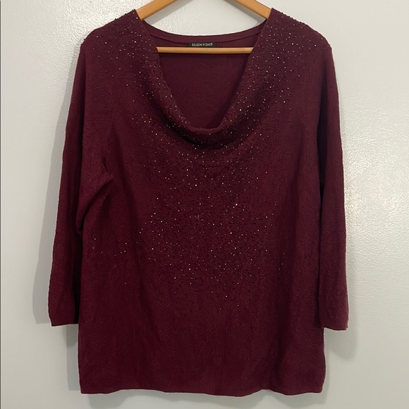 Eileen Fisher Burgundy Red Merino Wool Cowl Neck Glass Beads Sweater M - Picture 1 of 10